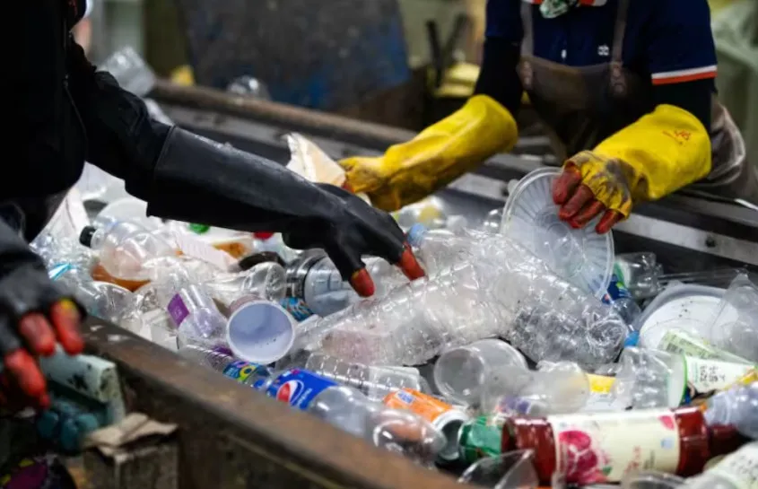 Personas separando residuos plásticos en una banda de reciclaje